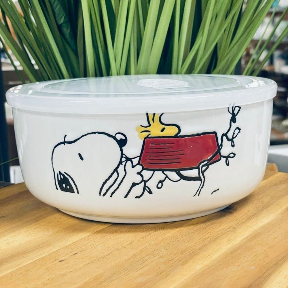 NWT Peanuts Snoopy Woodstock White Red Ceramic 2 Pc Food containers w/ Lids Set - Picture 10 of 16